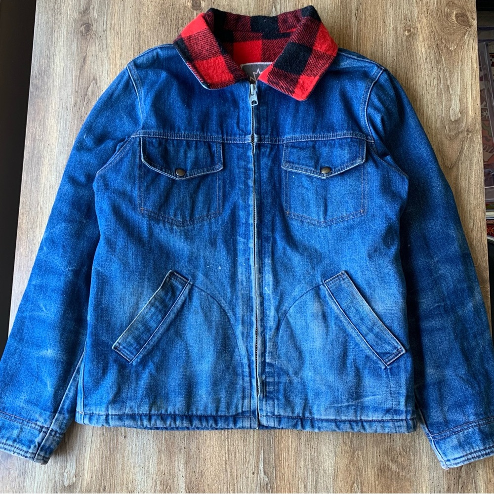 Vintage 70s 80s Action West Denim Chore Jacket Buffalo Plaid Wool Lined Medium